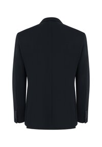 Granatowa marynarka wykonana z gładkiego materiału. Posiada usztywniony kołnierz, pojedynczy rozcięcie z tyłu oraz mankiety na cztery guziki dla dodatkowego efektu.