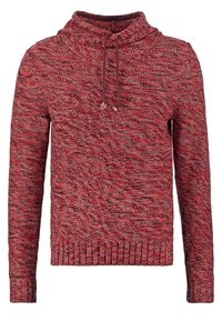Fleckiger roter Pullover mit hohem Kragen und Kordelzug. Stricktextur mit einer Mischung aus dunklen und hellen Rottönen. Gerippte Bündchen und Saum.