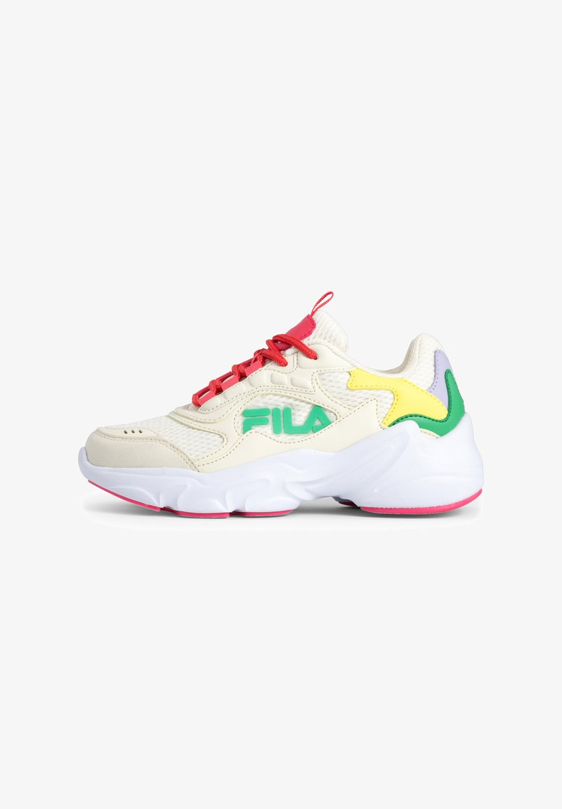 White, chunky FILA sneaker with red laces, green logo, and yellow, green, lavender accents on heel and sole with pink outsole details.