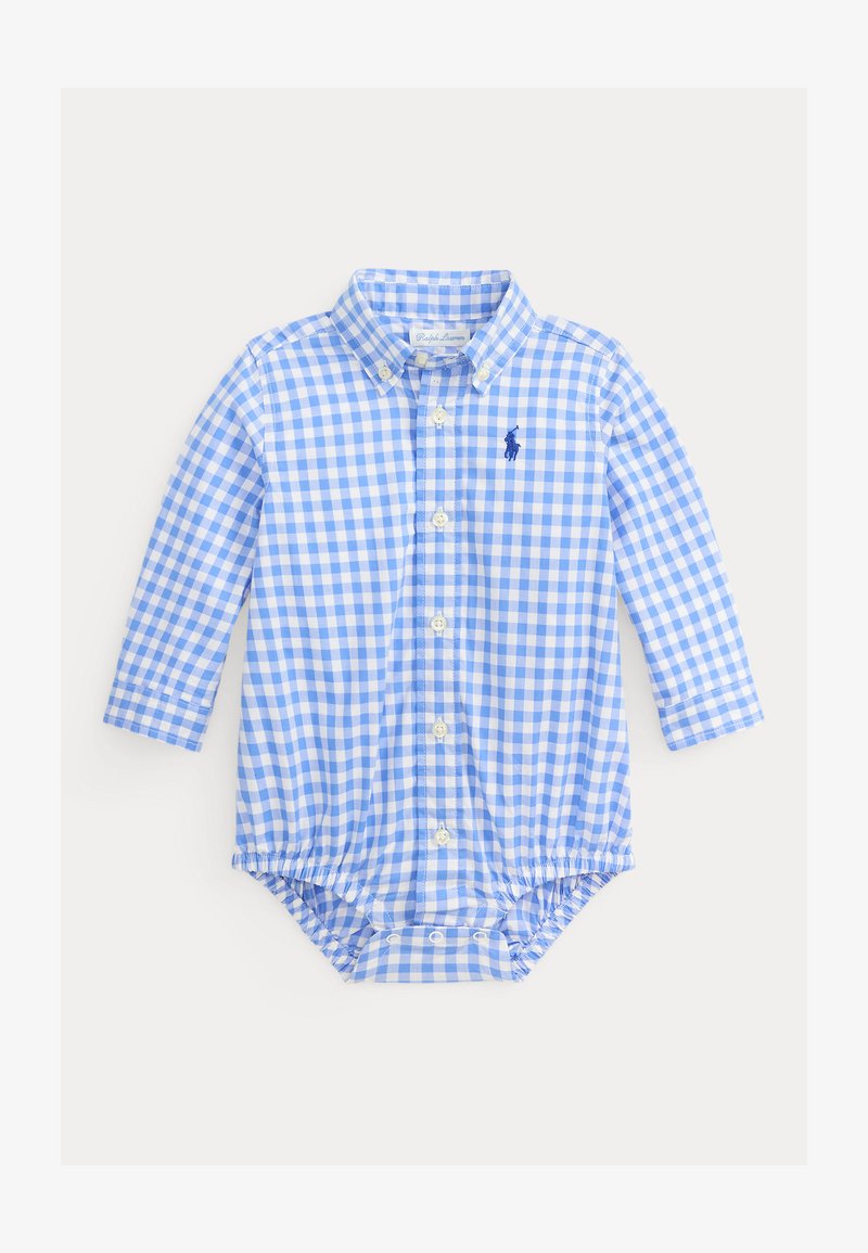 Μπλε και λευκό καρό μακρυμάνικο βρεφικό φορμάκι με κουμπιά μπροστά, γιακά και κούμπωμα με παράντζες στο κάτω μέρος.