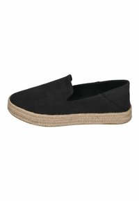 Espadrilles di tela nera con punta arrotondata, suola in corda di juta e pannelli laterali in elastico per una facile calzata. Design piatto, superficie testurizzata.