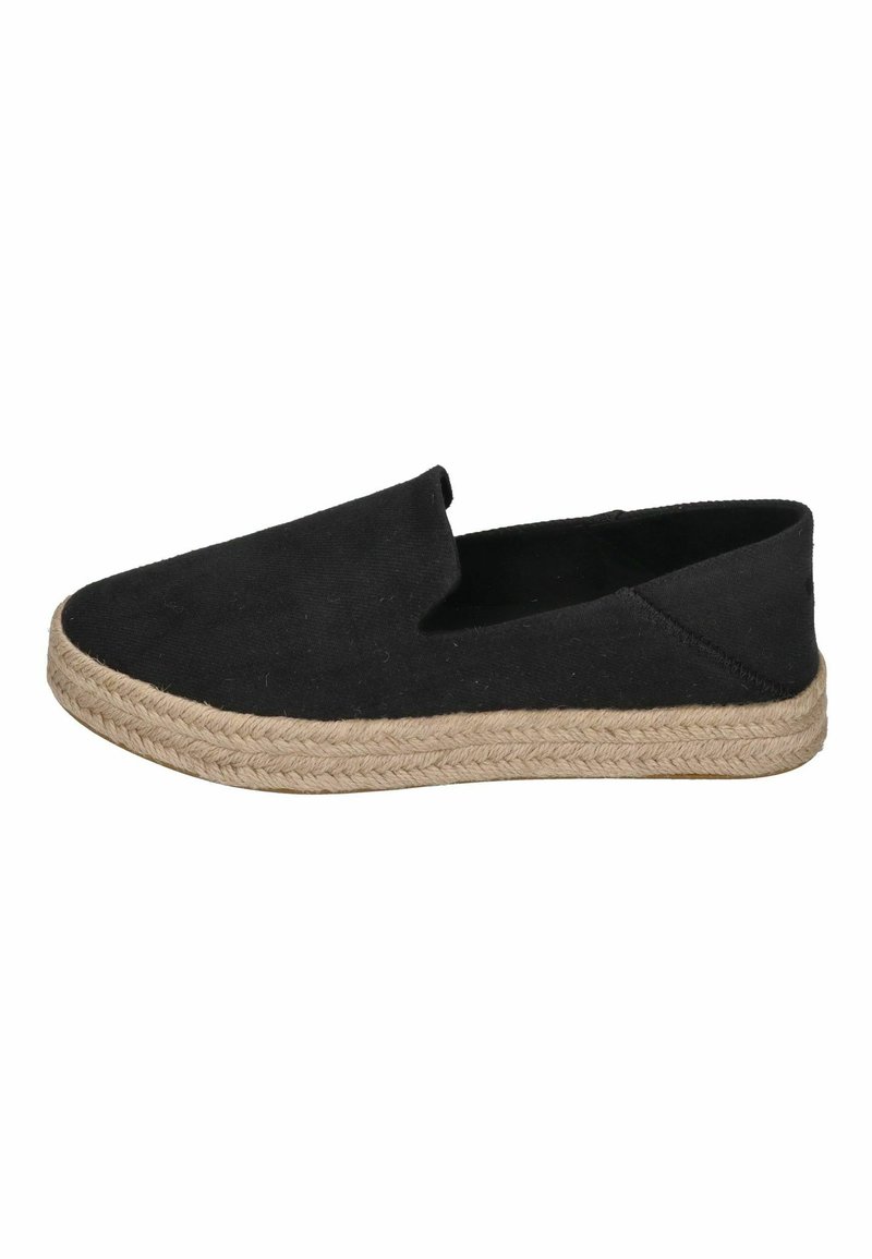 Espadrilles di tela nera con punta arrotondata, suola in corda di juta e pannelli laterali in elastico per una facile calzata. Design piatto, superficie testurizzata.
