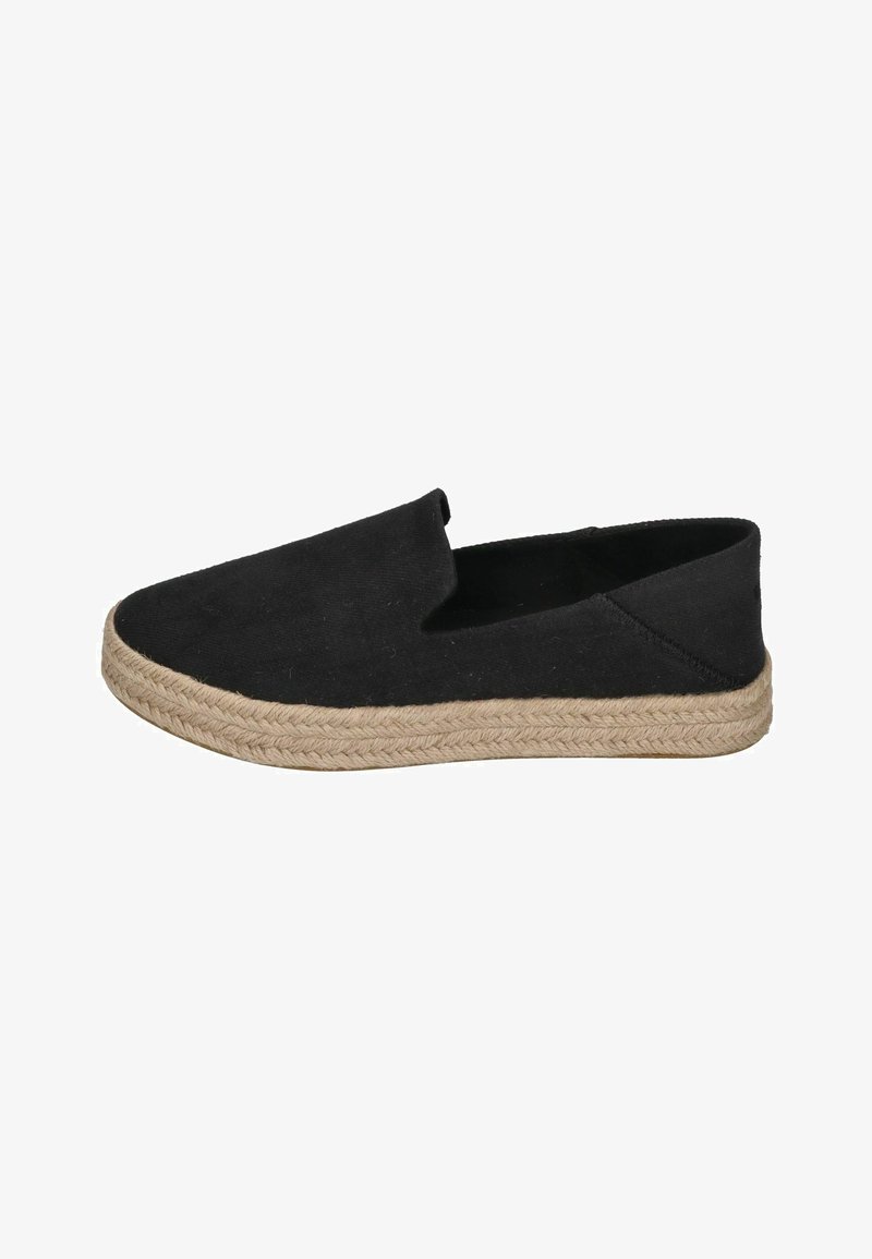 Espadrilles di tela nera con punta arrotondata, suola in corda di juta e pannelli laterali in elastico per una facile calzata. Design piatto, superficie testurizzata.