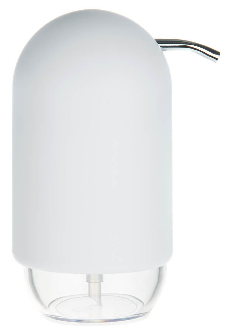 Distributeur d'eau automatique blanc avec un dessus arrondi, réservoir inférieur transparent et un bec en métal sur le côté.