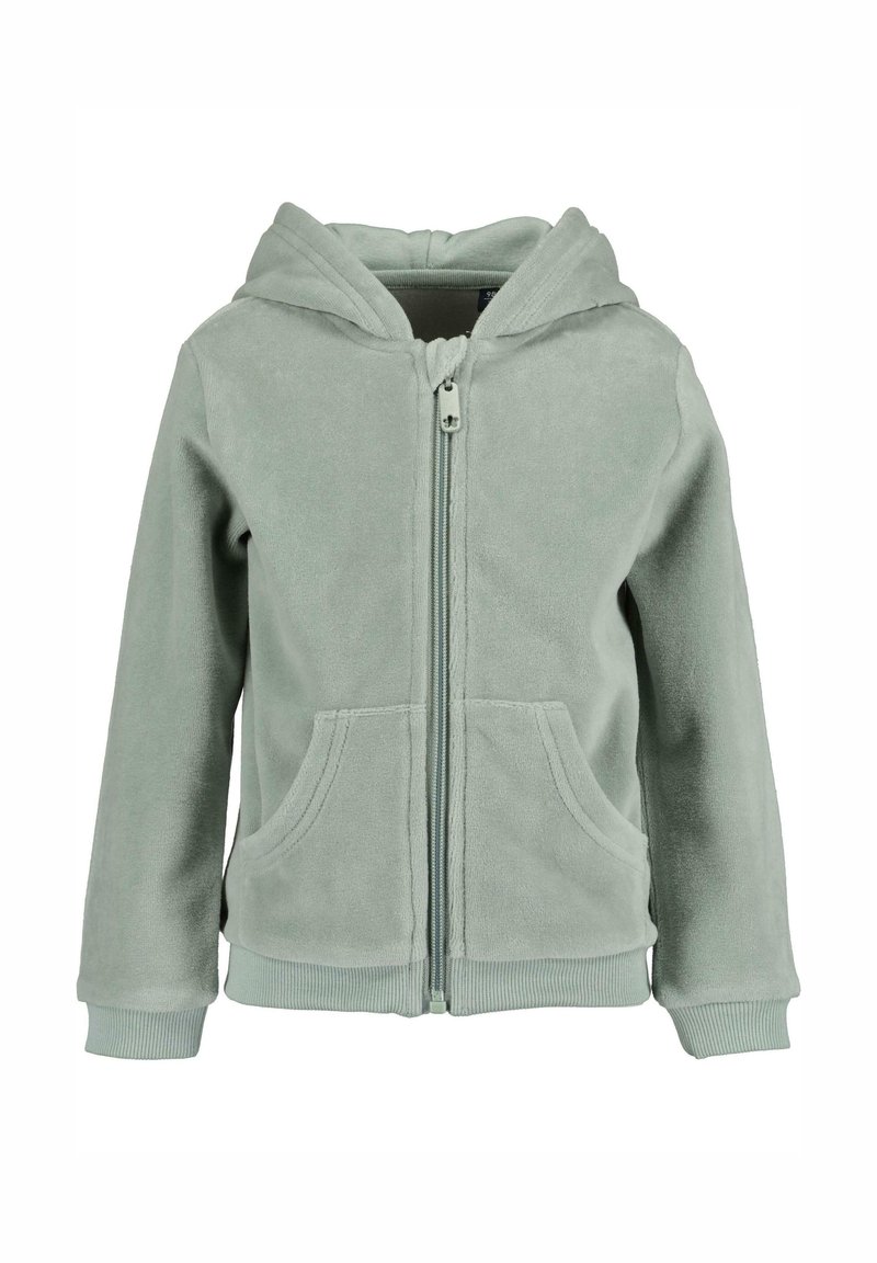 Felpa verde chiaro con zip, dotata di una cerniera frontale, due tasche laterali e cappuccio foderato. Polsini e orlo a coste per una vestibilità aderente.