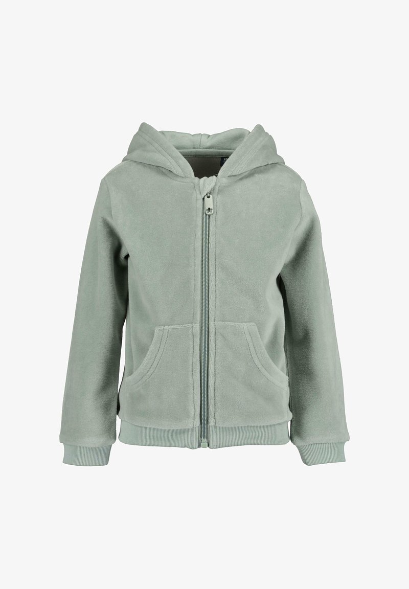 Felpa verde chiaro con zip, dotata di una cerniera frontale, due tasche laterali e cappuccio foderato. Polsini e orlo a coste per una vestibilità aderente.