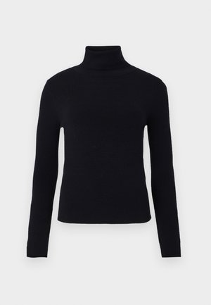 Maglione nero a collo alto con maniche lunghe, texture liscia, design aderente e colletto spesso a coste, adatto da sovrapporre.