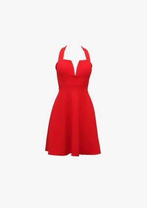 Red halter dress featuring a deep V-neck, fitted bodice, and flared skirt. Made of smooth fabric with no visible patterns or embellishments.