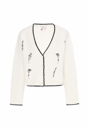 Hvid kort cardigan med sort kant, knaplukning og små sorte blomsterbroderier spredt på forside og ærmer.