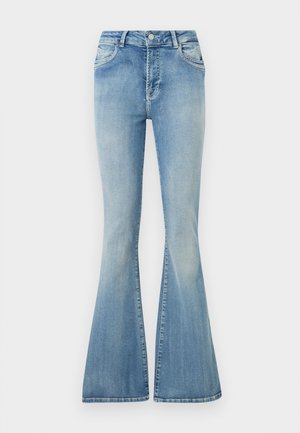 Lyseblå, høytlivs denimjeans med vide, utsvingte ben, frontknapper, glidelås og femlommedesign.