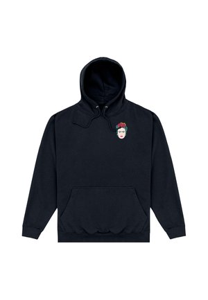 Sweat à capuche noir avec poche avant et petit portrait coloré du visage d'une femme avec ornement floral sur la poitrine gauche.