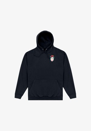 Sweat à capuche noir avec poche avant et petit portrait coloré du visage d'une femme avec ornement floral sur la poitrine gauche.