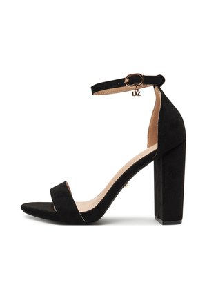 Czarna zamszowa sandałka na wysokim, szerokim obcasie, z odkrytymi palcami, paskiem wokół kostki i złotym klamrą. Gładka wewnętrzna wyściółka z minimalnymi zdobieniami.