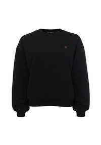 Zwarte sweatshirt met ronde hals en lange mouwen. Heeft een klein bruin logo op de borst en ribgebreide manchetten en onderrand. Gemaakt van zacht katoen.