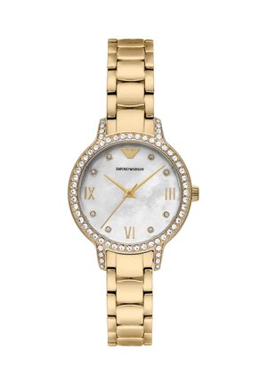 Montre-bracelet Emporio Armani dorée avec une lunette ornée de cristaux, un cadran en nacre et des chiffres romains aux heures 3, 6 et 9.