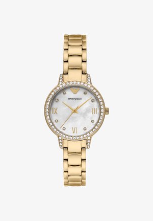 Montre-bracelet Emporio Armani dorée avec une lunette ornée de cristaux, un cadran en nacre et des chiffres romains aux heures 3, 6 et 9.
