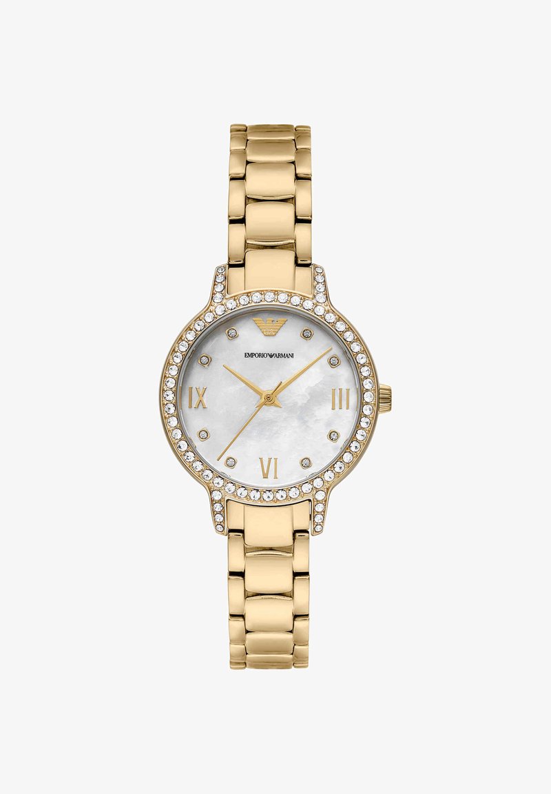 Goldfarbene Emporio Armani Armbanduhr mit mit Kristallen besetzter Lünette, Perlmutt-Zifferblatt und römischen Ziffern bei 3, 6 und 9 Uhr.