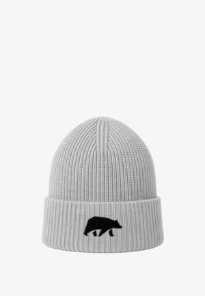 Grau gerippte Strickmütze mit umgeschlagenem Bündchen, auf dem vorne ein schwarzer Bär als Stickerei zu sehen ist. Weiche Textur, enger Sitz.