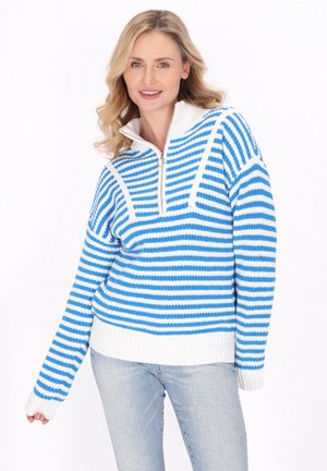 Pullover sweater med blå og hvide striber, halv-zip krave, ribbede manchetter og kant, lavet af et blødt, struktureret strik. 