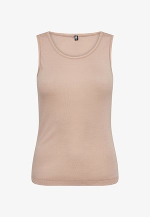 Light beige sleeveless top with a round neckline. Soft, smooth texture and fitted design. Features minimal stitching and no embellishments.