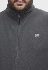Veste en polaire grise avec un col montant, dotée d'une fermeture éclair à l'avant et d'un petit logo sur la poitrine gauche. Texture douce et design minimaliste.