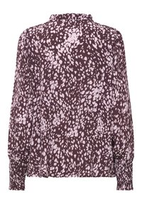 Blusa a maniche lunghe con polsini arricciati, sfondo bordeaux e motivo a pois irregolari di colore rosa chiaro, vista da dietro.
