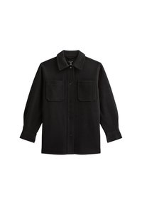 Giacca camicia in lana nera con colletto, due tasche frontali, chiusura a bottoni e maniche lunghe. Texture morbida e forma strutturata.