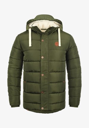 Õlivihmroheline sulejope kapuutsiga, millel on fliisis vooder, tikitud muster, ees olevad nupud ja küljetaskud.