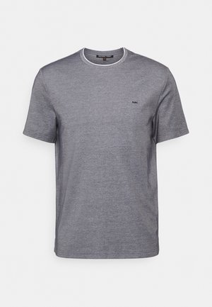T-shirt grigio a maniche corte in misto cotone, con scollatura rotonda e rifiniture a contrasto, e un piccolo logo sul petto.