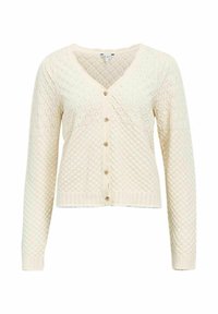 Cardigan tricoté couleur crème avec motif en losange, col en V, manches longues et cinq boutons à l'avant.