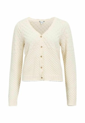 Cardigan tricoté couleur crème avec motif en losange, col en V, manches longues et cinq boutons à l'avant.
