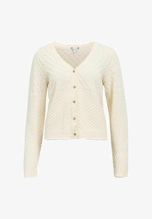 Cardigan tricoté couleur crème avec motif en losange, col en V, manches longues et cinq boutons à l'avant.