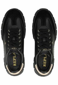 Black leather sneakers feature a round toe, six metal eyelets, and black laces. The insole is accented with a gold "REPLAY" logo.