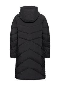 Zwarte pufferjas met een zigzagpatroon, lange mouwen en een vaste capuchon, met een gladde, licht glanzende textuur.