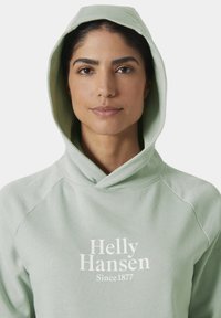 Sudadera verde clara con bolsillo canguro y capucha. Presenta el logo blanco de "Helly Hansen" y una textura suave.