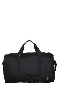 Bolsa de deporte negra fabricada con un tejido duradero, cuenta con dos asas resistentes, cierre de cremallera y un logo en el lateral. Superficie texturizada.