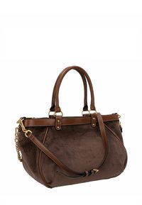Borsa in suede marrone con dettagli in pelle e accessori in oro. Caratterizzata da manici doppi, una tracolla removibile e una forma arrotondata.