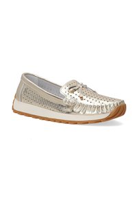 Metallic gold shoe with perforated front, woven design on the side, and ribbed sole. Features a bow detail and textured accents.