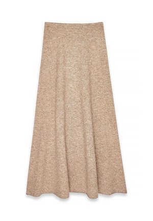 Neulotusta A-linjaisesta hameesta, joka on vaaleanruskeassa sävyssä ja jossa on vyötärönauha. Pehmeä rakenne, levenevä muotoilu ja sileä pinta luovat laskoksellisen siluetin.