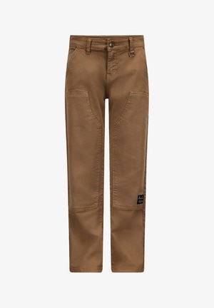 Pantaloni marroni realizzati in materiale resistente, dotati di tasche a toppa, design a gamba dritta e un'etichetta sul lato sinistro in basso.