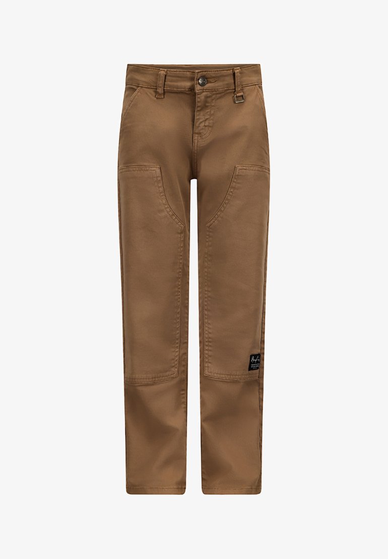 Bruine broeken van duurzaam materiaal, met opgestikte zakken, een rechte pijpdesign en een label aan de onderkant aan de linkerkant.