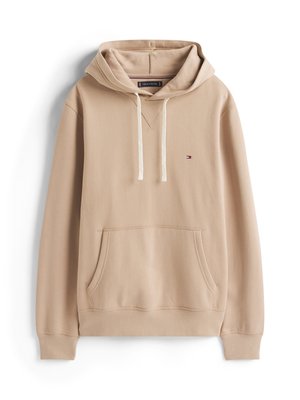 Felpa beige realizzata in tessuto morbido, con tasca frontale, cappuccio regolabile e una piccola etichetta con logo sul petto.