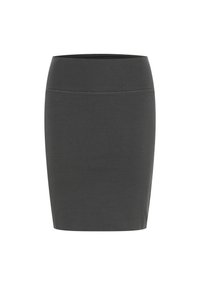 Falda lápiz de color gris oscuro, hasta la rodilla, hecha de tela elástica. Presenta una cinturilla lisa y un color sólido sin patrones ni adornos.