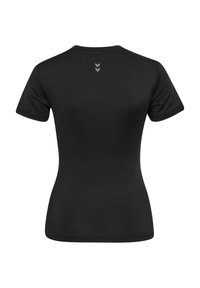 Sort kortærmet t-shirt, tætsiddende design, glat tekstur, uden mønstre, med tre subtile grå pile på den øvre del af ryggen.