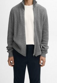 Cardigan grigio a zip con coste e colletto alto, indossato sopra una maglietta bianca, abbinato a pantaloni scuri. Texture in maglia, design aderente.