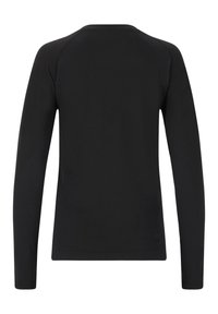 Langärmliges schwarzes Shirt aus glattem Material, mit gerippten Seitenpaneelen und Rundhalsausschnitt. Schlichtes Design ohne Verzierungen.