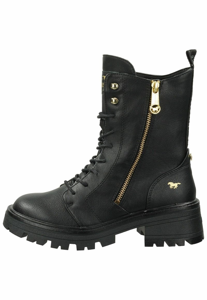 Zwarte leren enkellaars met veters, gouden ritsen, chunky loopzool en een klein paardenlogo aan de zijkant.