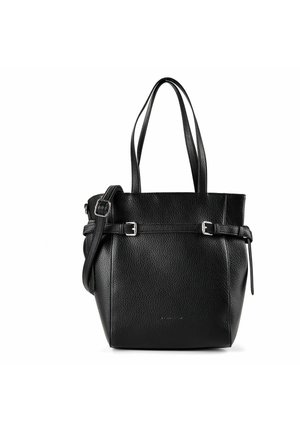 Borsa tote in pelle nera con doppi manici superiori, tracolla regolabile, fibbie argentate e finitura testurizzata.