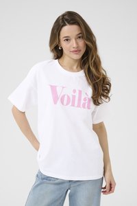 T-shirt en coton blanc à manches courtes et col rond, arborant un grand imprimé rose "Voilà" sur le devant. Coupe décontractée.
