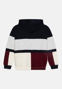 Bluza z kapturem w kolorze blokowym z niebieskim, szarym, kremowym i burgundowym. Wykonana z miękkiej bawełny, z prążkowanymi mankietami i pasem. 